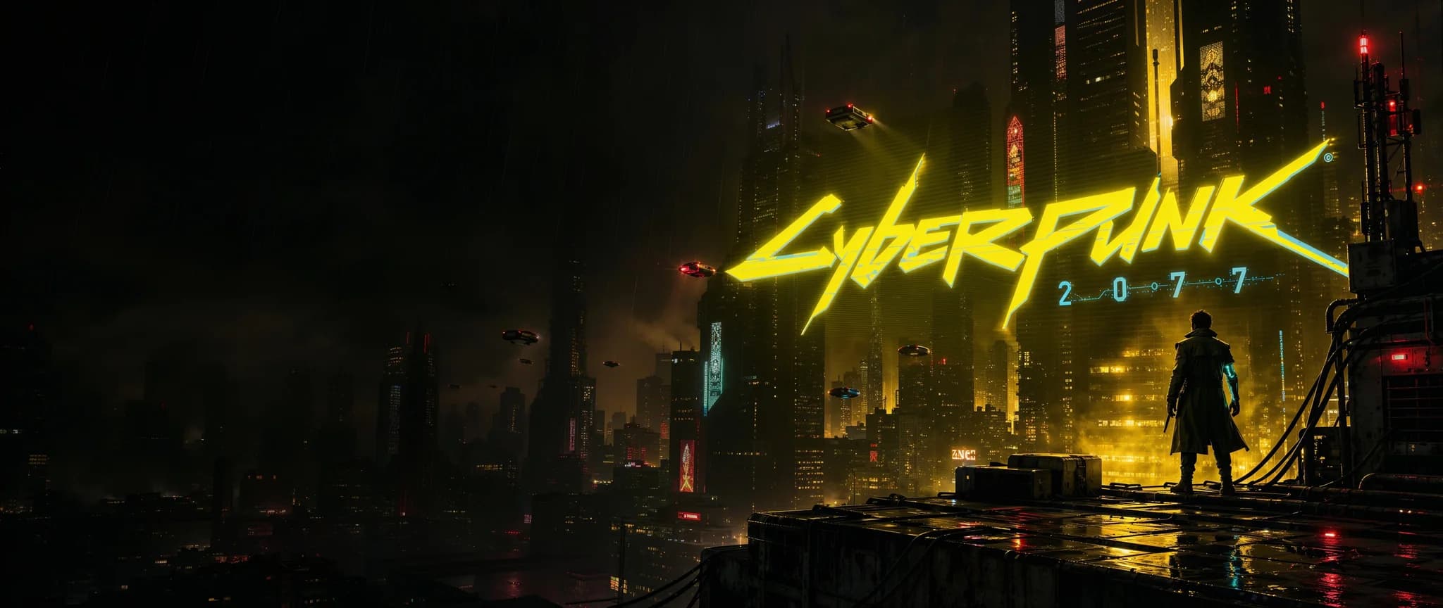 Night City de noche bajo la lluvia con el logotipo de Cyberpunk 2077 en neón